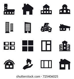 16 vector icon set : mansion, home, cottage, skyscrapers, skyscraper, modern architecture, house with garage, panel house, window, building, house, real estate
