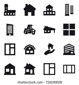 16 vector icon set : mansion, home, cottage, skyscrapers, skyscraper, modern architecture, house with garage, window, house, real estate