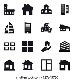 16 vector icon set : mansion, home, skyscrapers, skyscraper, modern architecture, house with garage, panel house, window, real estate, house