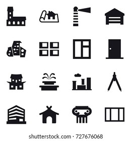16 vector icon set : mansion, project, lighthouse, garage, modern architecture, panel house, window, door, japanese house, fountain, city, drawing compass, bungalow, antique column