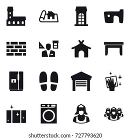 16 vector icon set : mansion, project, building, slum, brick wall, architector, bungalow, table, fridge, slippers, garage, wiping, clean  window, washing machine, cleaner, outsource