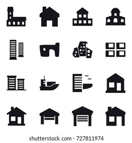 16 vector icon set : mansion, home, cottage, skyscrapers, slum, modern architecture, panel house, district, hotel, garage, house