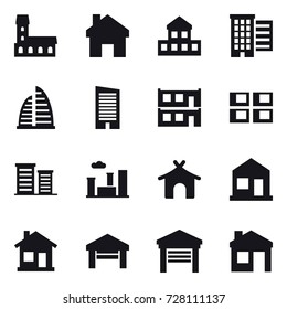 16 vector icon set : mansion, home, cottage, houses, skyscraper, modular house, panel house, district, city, bungalow, garage, house