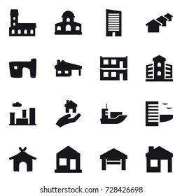 16 vector icon set : mansion, skyscraper, houses, slum, house with garage, modular house, building, city, real estate, hotel, bungalow, home, garage, house