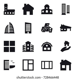 16 vector icon set : mansion, home, skyscrapers, skyscraper, modern architecture, house with garage, window, building, house, real estate, hotel