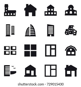 16 vector icon set : mansion, home, cottage, skyscrapers, skyscraper, modern architecture, panel house, window, house, hotel