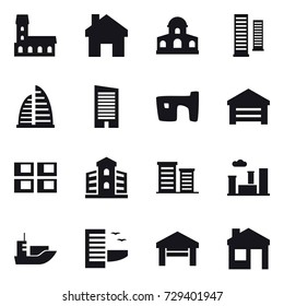 16 vector icon set : mansion, home, skyscrapers, skyscraper, slum, garage, panel house, building, district, city, hotel, house