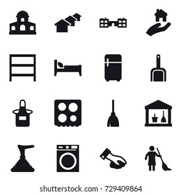 16 vector icon set : mansion, houses, school, real estate, rack, bed, fridge, scoop, apron, broom, utility room, plunger, washing machine, wiping, brooming