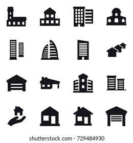 16 vector icon set : mansion, cottage, houses, skyscrapers, skyscraper, garage, house with garage, building, district, real estate, home