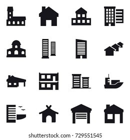 16 vector icon set : mansion, home, cottage, houses, skyscrapers, skyscraper, house with garage, modular house, district, hotel, bungalow, garage, house