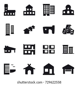 16 vector icon set : mansion, cottage, houses, skyscrapers, slum, modern architecture, house with garage, modular house, panel house, district, hotel, bungalow, home, garage