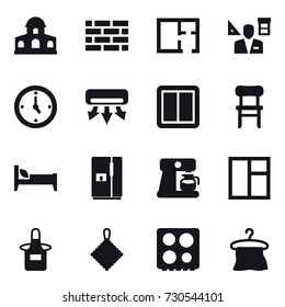 16 vector icon set : mansion, brick wall, plan, architector, watch, air conditioning, power switch, chair, bed, fridge, coffee maker, window, apron, rag, hanger