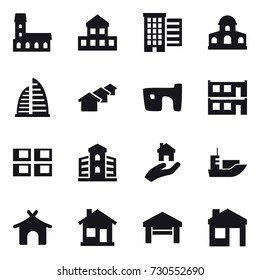 16 vector icon set : mansion, cottage, houses, skyscraper, slum, modular house, panel house, building, real estate, bungalow, home, garage, house