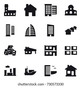 16 vector icon set : mansion, home, houses, skyscrapers, skyscraper, modern architecture, house with garage, modular house, panel house, city, hotel