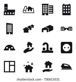 16 vector icon set : mansion, project, houses, building, skyscraper, warehouse, school, dome house, real estate, water tap, power socket, window, house cleaning, housing, iron