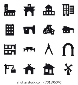 16 vector icon set : mansion, arch, cottage, houses, building, slum, modern architecture, house with garage, modular house, bridge, drawing compass, bungalow, home, windmill