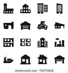 16 vector icon set : mansion, cottage, houses, skyscraper, slum, garage, modern architecture, house with garage, modular house, panel house, building, city, home