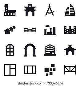 16 vector icon set : mansion, arch, draw compass, skyscraper, houses, school, city, palace, arch window, bungalow, window, farm fence
