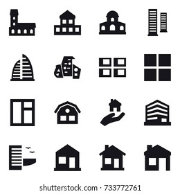 16 vector icon set : mansion, cottage, skyscrapers, skyscraper, modern architecture, panel house, window, house, real estate, hotel, home