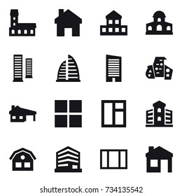 16 vector icon set : mansion, home, cottage, skyscrapers, skyscraper, modern architecture, house with garage, window, building, house