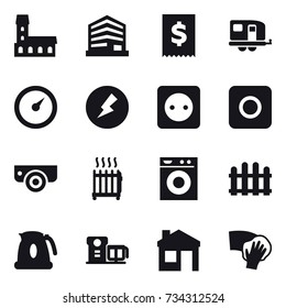 16 vector icon set : mansion, trailer, barometer, electricity, power socket, ring button, surveillance camera, radiator, washing machine, fence, kettle, house, wiping