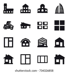 16 vector icon set : mansion, cottage, skyscraper, modern architecture, house with garage, panel house, window, house, home
