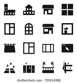 16 vector icon set : mansion, cottage, shop, window, arch window, flower in window, curtain, clean floor, clean  window, skyscapers cleaning, skyscrapers cleaning