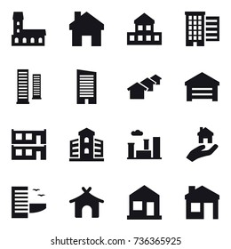 16 Vector Icon Set : Mansion, Home, Cottage, Houses, Skyscrapers, Skyscraper, Garage, Modular House, Building, City, Real Estate, Hotel, Bungalow, House