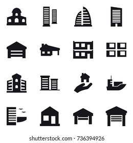 16 vector icon set : mansion, skyscrapers, skyscraper, garage, house with garage, modular house, panel house, building, district, real estate, hotel, home