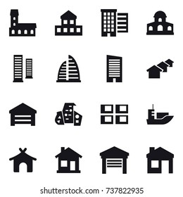 16 vector icon set : mansion, cottage, houses, skyscrapers, skyscraper, garage, modern architecture, panel house, bungalow, home, house