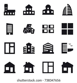 16 vector icon set : mansion, cottage, skyscraper, modern architecture, panel house, window, building, hotel, home, house
