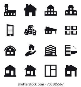 16 vector icon set : mansion, home, cottage, skyscraper, modern architecture, house with garage, panel house, house, real estate, hotel, window