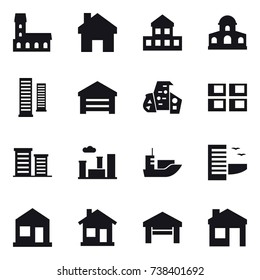 16 vector icon set : mansion, home, cottage, skyscrapers, garage, modern architecture, panel house, district, city, hotel, house