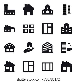 16 vector icon set : mansion, home, skyscrapers, house with garage, panel house, window, building, house, real estate, hotel
