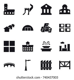 16 vector icon set : mansion, great wall, library, houses, hangar, modern architecture, panel house, window, university, fountain, city, bridge, outdoor light, fence, farm fence