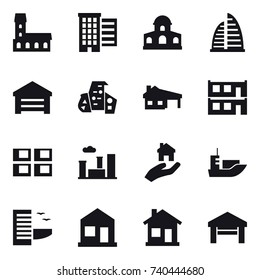 16 vector icon set : mansion, houses, skyscraper, garage, modern architecture, house with garage, modular house, panel house, city, real estate, hotel, home