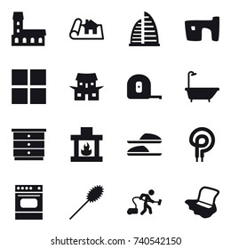 16 vector icon set : mansion, project, skyscraper, slum, window, japanese house, measuring tape, bath, chest of drawers, fireplace, slippers, duster, vacuum cleaner, floor washing