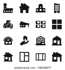 16 vector icon set : mansion, home, skyscraper, modern architecture, house with garage, panel house, window, house, real estate