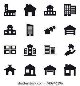16 vector icon set : mansion, home, cottage, houses, skyscraper, garage, panel house, building, district, real estate, bungalow, house