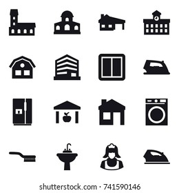 16 vector icon set : mansion, house with garage, university, house, power switch, iron, fridge, warehouse, washing machine, brush, water tap sink, cleaner