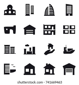 16 vector icon set : mansion, skyscrapers, skyscraper, slum, garage, modular house, panel house, district, city, real estate, hotel, home