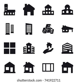 16 vector icon set : mansion, home, cottage, skyscrapers, skyscraper, modern architecture, house with garage, window, building, real estate, house
