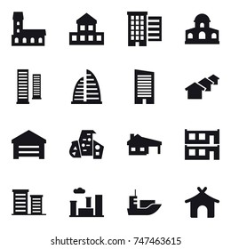 16 vector icon set : mansion, cottage, houses, skyscrapers, skyscraper, garage, modern architecture, house with garage, modular house, district, city, bungalow