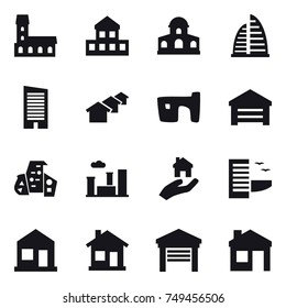 16 vector icon set : mansion, cottage, skyscraper, houses, slum, garage, modern architecture, city, real estate, hotel, home, house