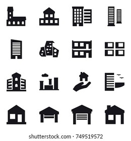 16 vector icon set : mansion, cottage, houses, skyscrapers, skyscraper, modern architecture, modular house, panel house, building, city, real estate, hotel, home, garage, house