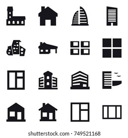 16 vector icon set : mansion, home, skyscraper, modern architecture, house with garage, panel house, window, building, hotel
