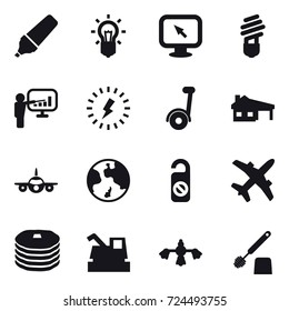 16 vector icon set : marker, bulb, monitor arrow, presentation, lightning, segway, house with garage, earth, do not distrub, harvester, hard reach place cleaning, toilet brush 16 vector icon set : marker, bulb, monitor arrow, presentation, lightning, segway, house with garage, earth, do not distrub, harvester, hard reach place cleaning, toilet brush
