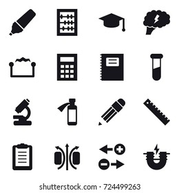16 vector icon set : marker, abacus, graduate hat, brain, electrostatic, calculator, copybook, pencil, ruler