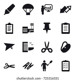 16 vector icon set : marker, parachute, presentation, up down arrow, clipboard, mall, deltaplane, hotel, scissors, clothespin, woman with pipidaster, clipboard list