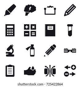 16 vector icon set : marker, brain, electrostatic, pencil, calculator, copybook, school